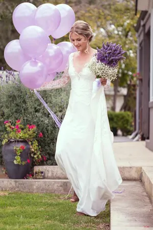 Roycebridal Ivory Satin Lace Sheath V-neck Long Sleeves Wedding Dresses, Bridal Gown, MW578