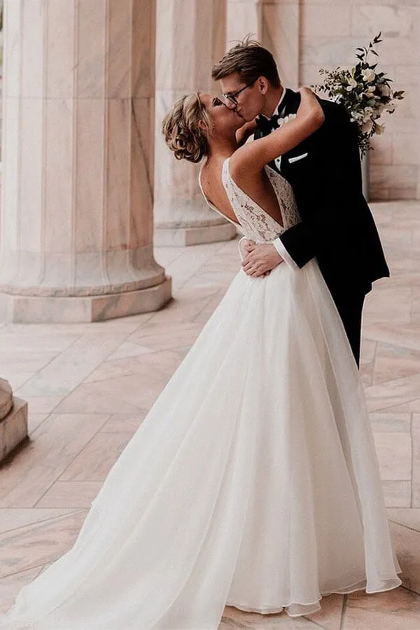 Roycebridal Ivory Tulle Lace A-line V-neck Wedding Dresses With Pearls, Bridal Gown, MW600