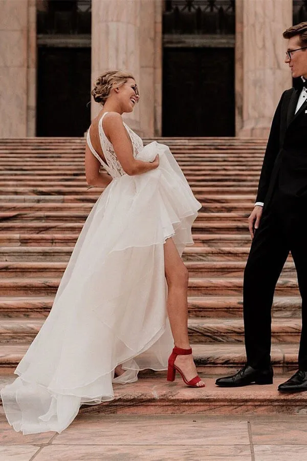 Roycebridal Ivory Tulle Lace A-line V-neck Wedding Dresses With Pearls, Bridal Gown, MW600