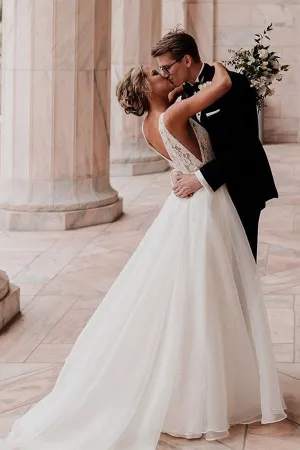 Roycebridal Ivory Tulle Lace A-line V-neck Wedding Dresses With Pearls, Bridal Gown, MW600