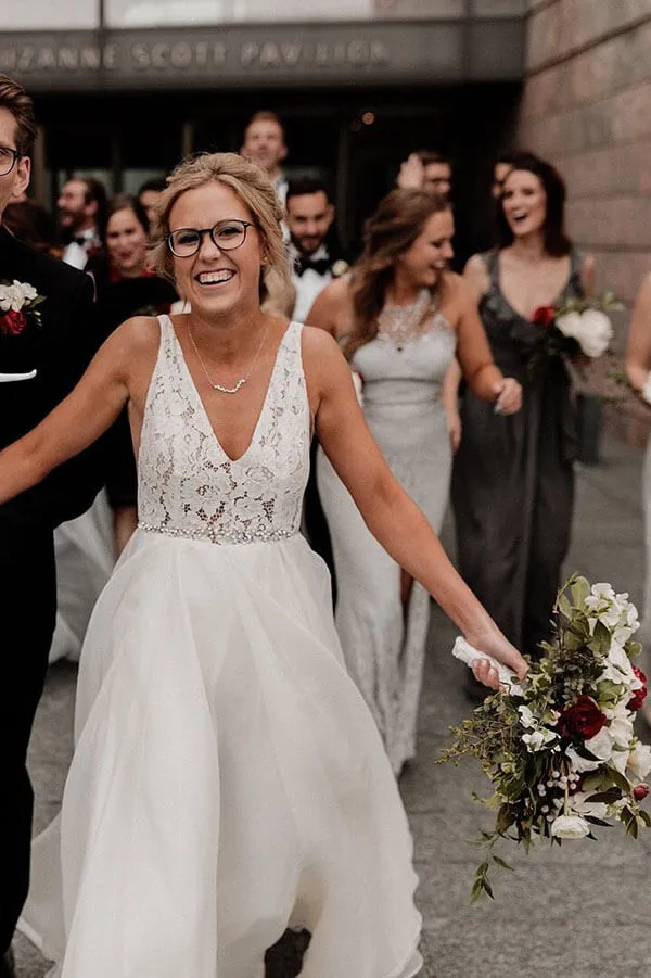 Roycebridal Ivory Tulle Lace A-line V-neck Wedding Dresses With Pearls, Bridal Gown, MW600