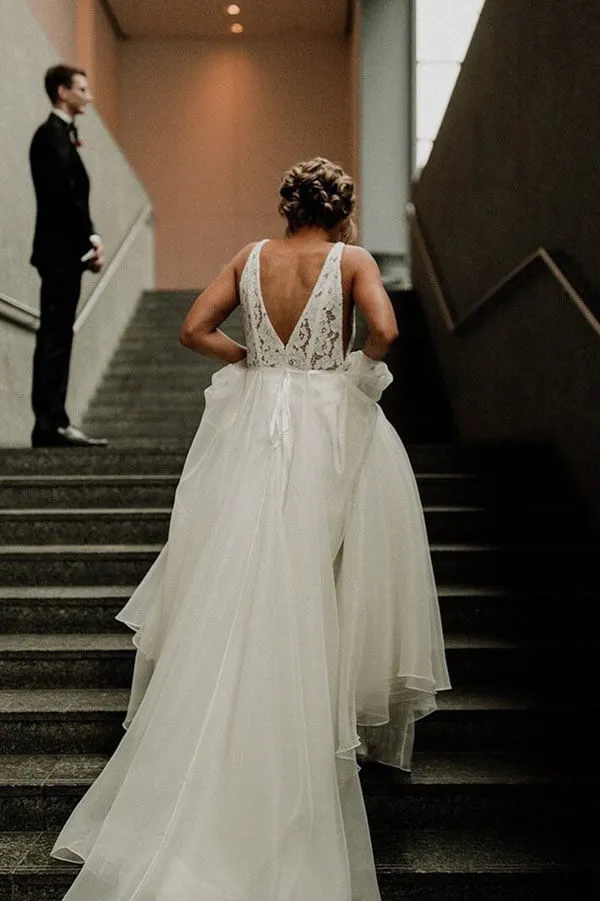 Roycebridal Ivory Tulle Lace A-line V-neck Wedding Dresses With Pearls, Bridal Gown, MW600