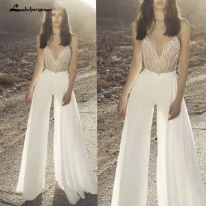 Roycebridal Jumpsuits Beach Wedding Dresses V Neck Beads Lace Appliqued