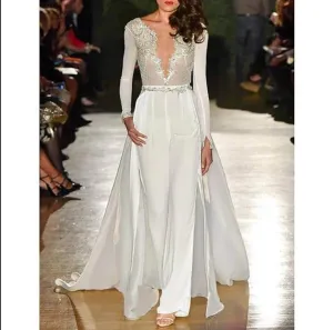 Roycebridal Jumpsuits V Neck Floor Length Polyester Long Sleeve Wedding Dresses