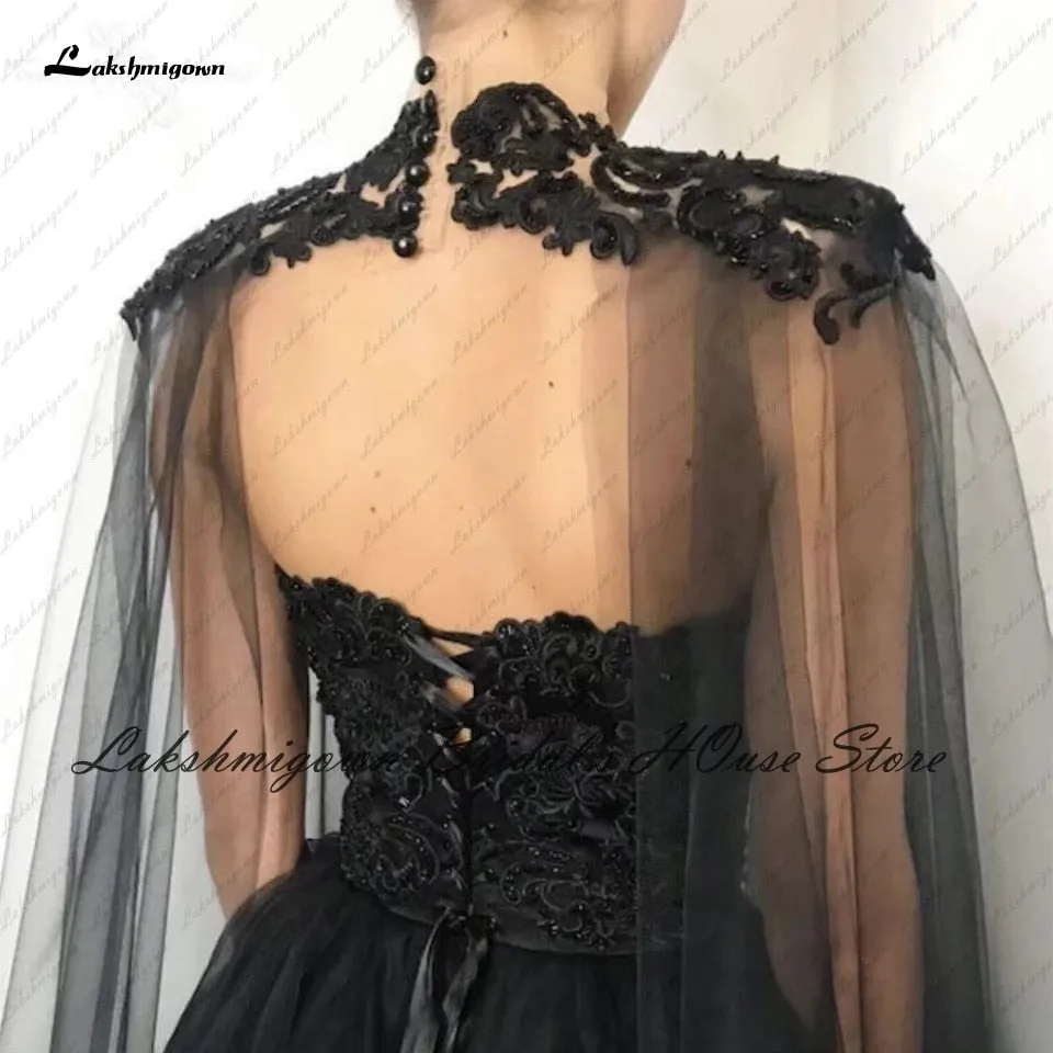Roycebridal Lakshmigown Gothic Black Wedding Dress Corset Lace up Back 2022 Vestido Novia Civil Bridal Wedding Gown with Cape Floor Length