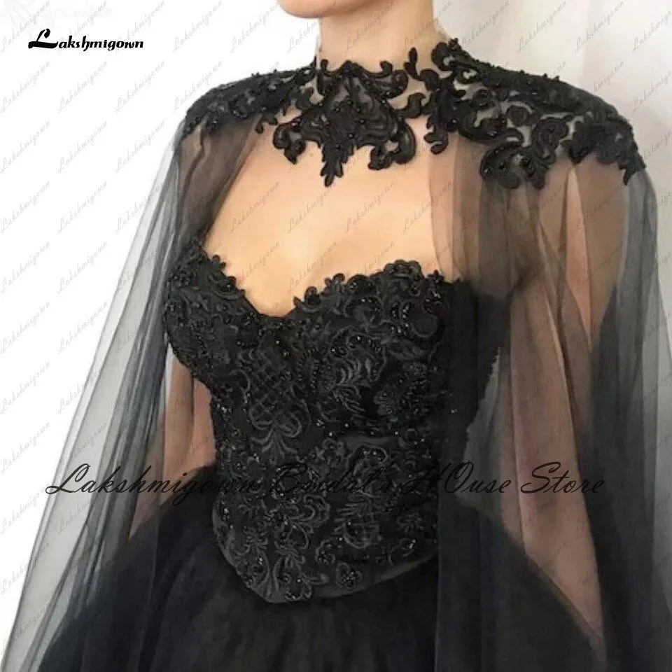 Roycebridal Lakshmigown Gothic Black Wedding Dress Corset Lace up Back 2022 Vestido Novia Civil Bridal Wedding Gown with Cape Floor Length
