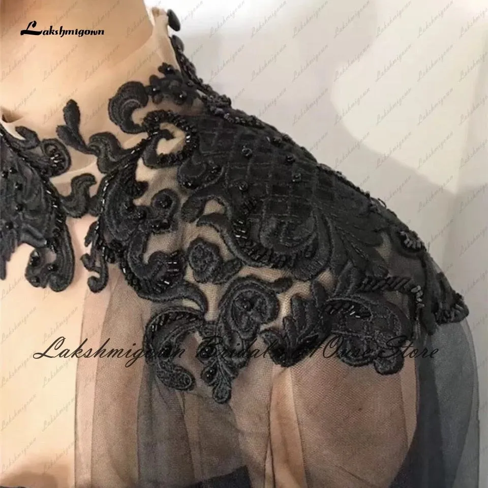 Roycebridal Lakshmigown Gothic Black Wedding Dress Corset Lace up Back 2022 Vestido Novia Civil Bridal Wedding Gown with Cape Floor Length