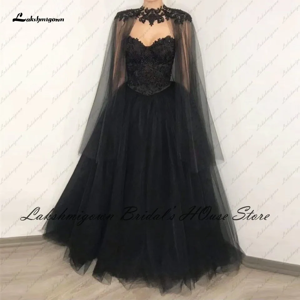 Roycebridal Lakshmigown Gothic Black Wedding Dress Corset Lace up Back 2022 Vestido Novia Civil Bridal Wedding Gown with Cape Floor Length
