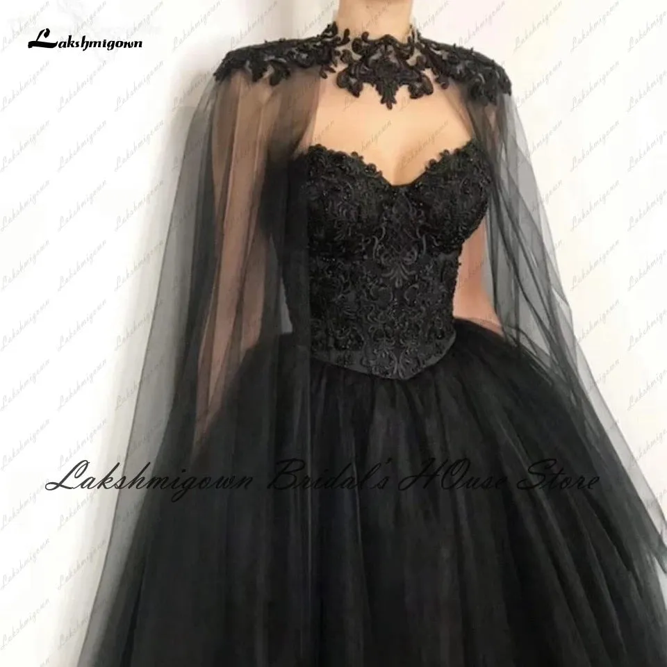 Roycebridal Lakshmigown Gothic Black Wedding Dress Corset Lace up Back 2022 Vestido Novia Civil Bridal Wedding Gown with Cape Floor Length