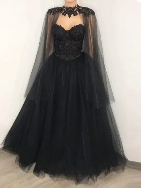 Roycebridal Lakshmigown Gothic Black Wedding Dress Corset Lace up Back 2022 Vestido Novia Civil Bridal Wedding Gown with Cape Floor Length