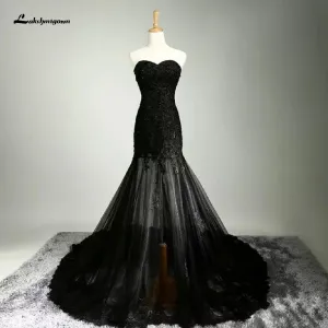 Roycebridal Lakshmigown Gothic Black Wedding Dress Mermaid 2021 Vestido de Boda Vintage Lace Appliques Bridal Wedding Gowns Off Shoulder