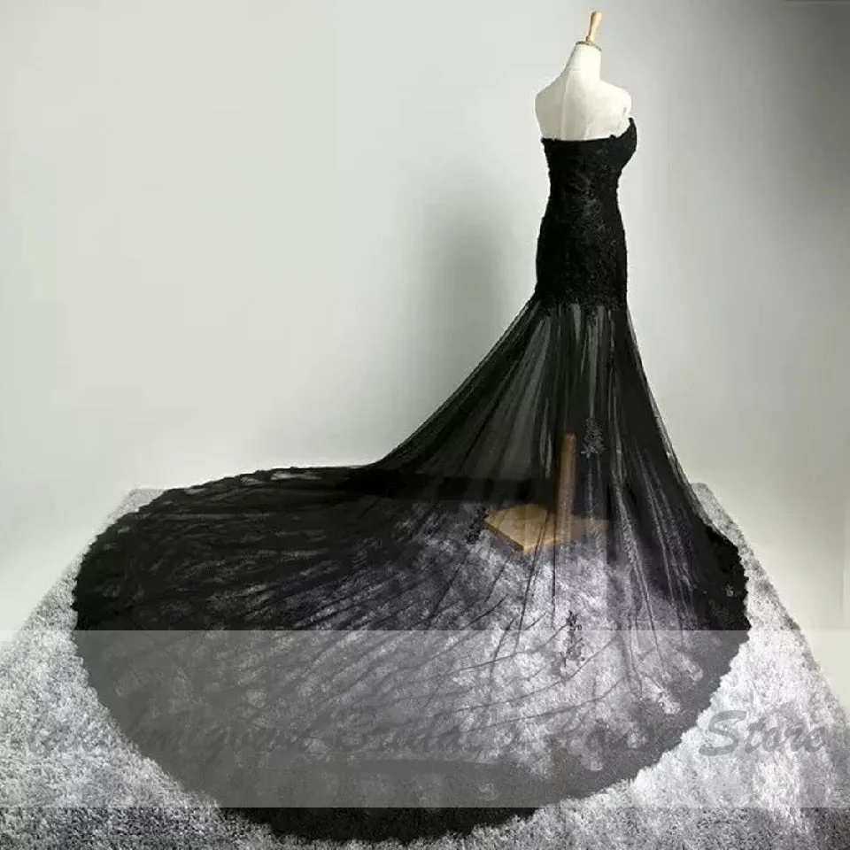 Roycebridal Lakshmigown Gothic Black Wedding Dress Mermaid 2021 Vestido de Boda Vintage Lace Appliques Bridal Wedding Gowns Off Shoulder