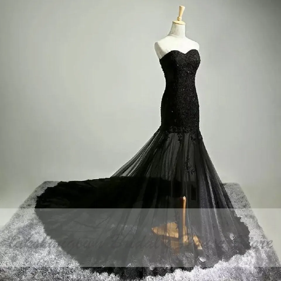 Roycebridal Lakshmigown Gothic Black Wedding Dress Mermaid 2021 Vestido de Boda Vintage Lace Appliques Bridal Wedding Gowns Off Shoulder