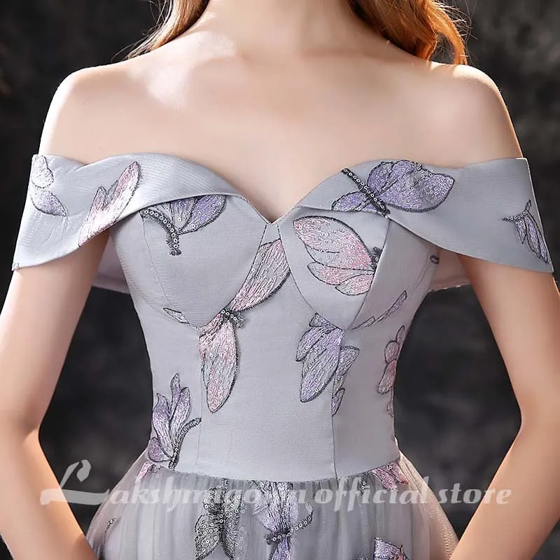 Roycebridal lakshmigown Grey A Line Prom Dresses Lovely Flower Lace Party Wear Floor Length Princess Gown  vestido formatura