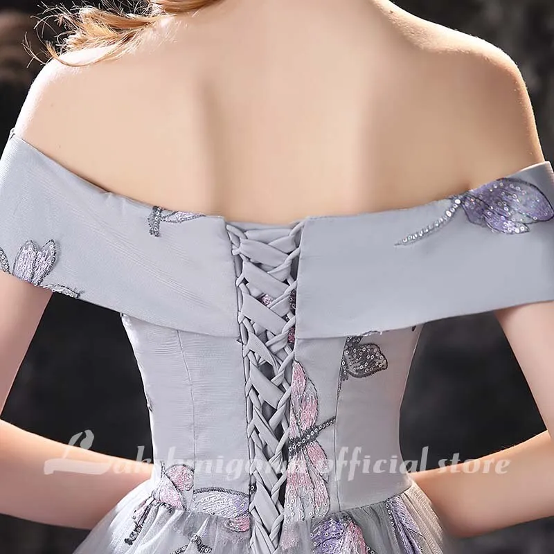 Roycebridal lakshmigown Grey A Line Prom Dresses Lovely Flower Lace Party Wear Floor Length Princess Gown  vestido formatura