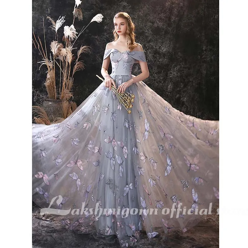 Roycebridal lakshmigown Grey A Line Prom Dresses Lovely Flower Lace Party Wear Floor Length Princess Gown  vestido formatura
