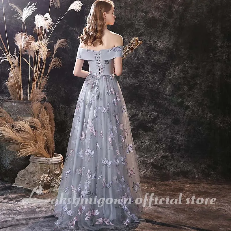 Roycebridal lakshmigown Grey A Line Prom Dresses Lovely Flower Lace Party Wear Floor Length Princess Gown  vestido formatura