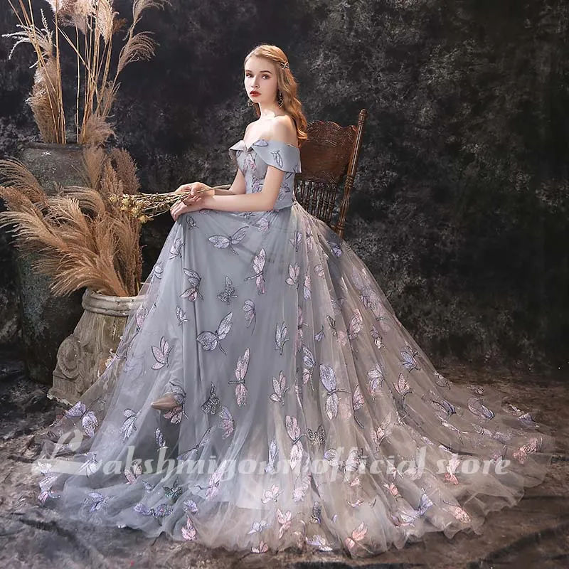 Roycebridal lakshmigown Grey A Line Prom Dresses Lovely Flower Lace Party Wear Floor Length Princess Gown  vestido formatura