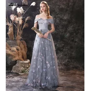 Roycebridal lakshmigown Grey A Line Prom Dresses Lovely Flower Lace Party Wear Floor Length Princess Gown  vestido formatura