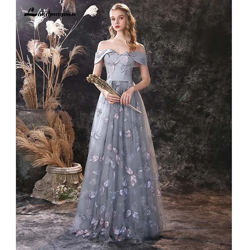 Roycebridal lakshmigown Grey A Line Prom Dresses Lovely Flower Lace Party Wear Floor Length Princess Gown  vestido formatura