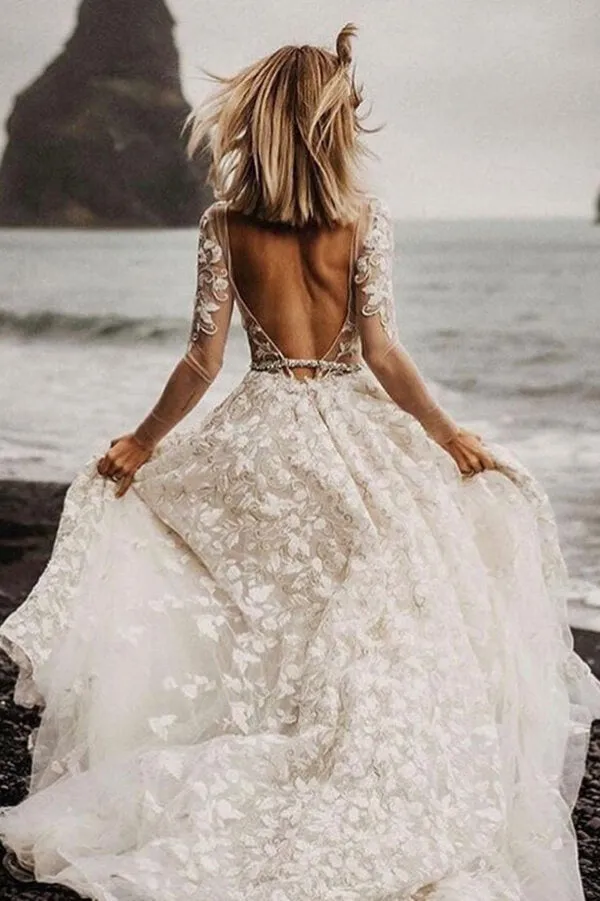 Roycebridal Romantic Lace A-line V-neck Long Sleeves Wedding Dresses, Bridal Gown, MW681