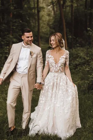 Roycebridal Romantic Lace A-line V-neck Long Sleeves Wedding Dresses, Bridal Gown, MW681