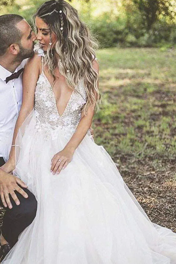 Roycebridal Simple Lace Top Spaghetti Straps A-Line Sweep Train Long Wedding Dresses,MW324
