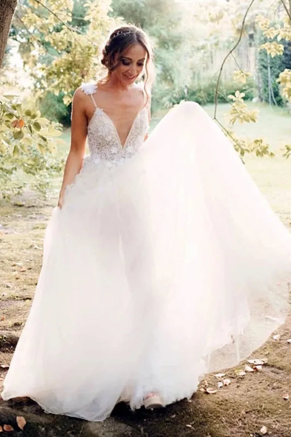 Roycebridal Simple Lace Top Spaghetti Straps A-Line Sweep Train Long Wedding Dresses,MW324