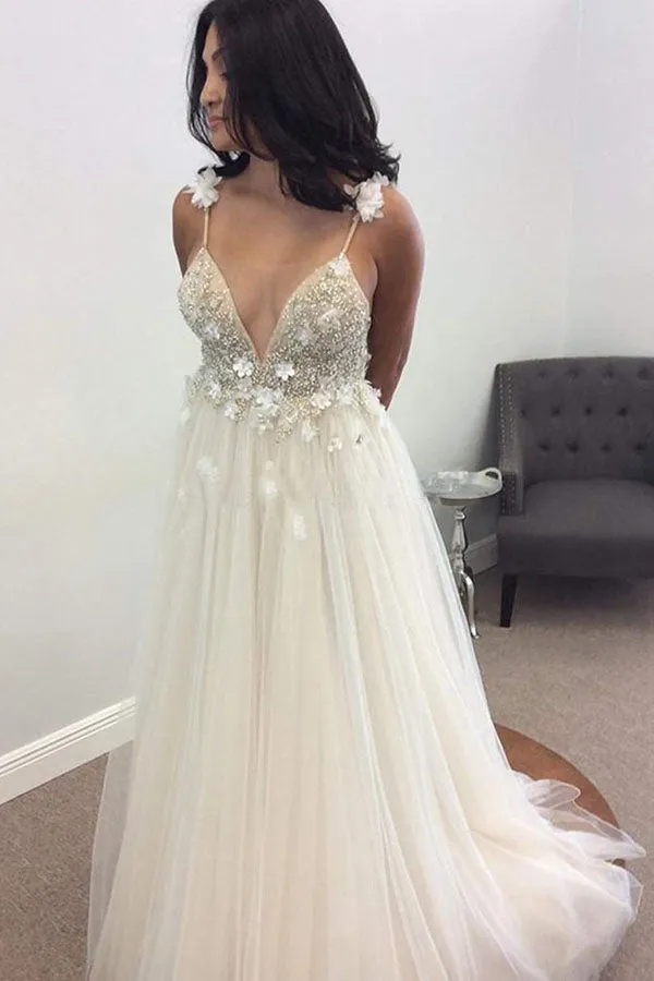 Roycebridal Simple Lace Top Spaghetti Straps A-Line Sweep Train Long Wedding Dresses,MW324