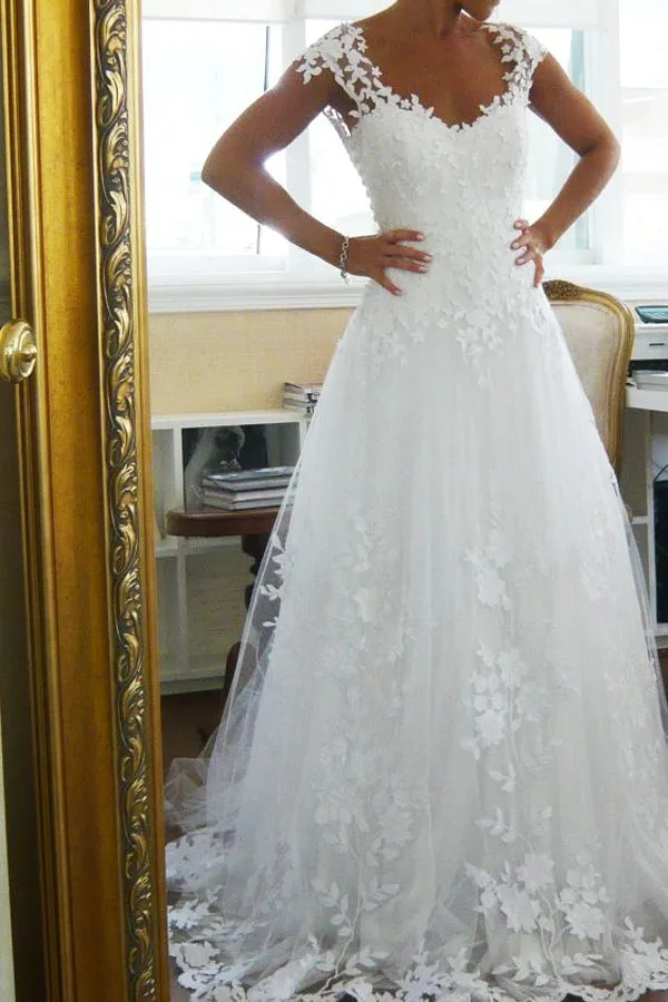 Roycebridal Simple Wedding Dresses V-neck A-line Brush Train White Lace Bridal Gown,MW433