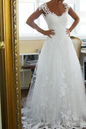 Roycebridal Simple Wedding Dresses V-neck A-line Brush Train White Lace Bridal Gown,MW433