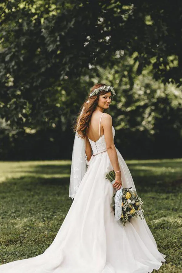 Roycebridal Tulle Lace A-line Spaghetti Straps Sweetheart Wedding Dresses With Train, MW652