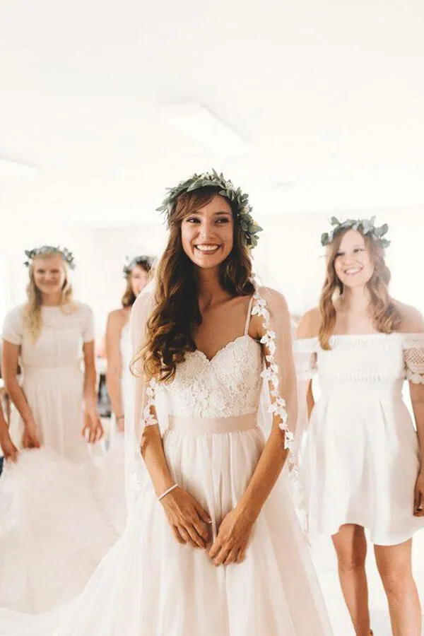 Roycebridal Tulle Lace A-line Spaghetti Straps Sweetheart Wedding Dresses With Train, MW652