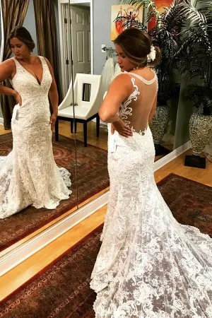 Roycebridal Tulle Mermaid V-neck Lace Appliques Wedding Dresses, Bridal Gown, MW853