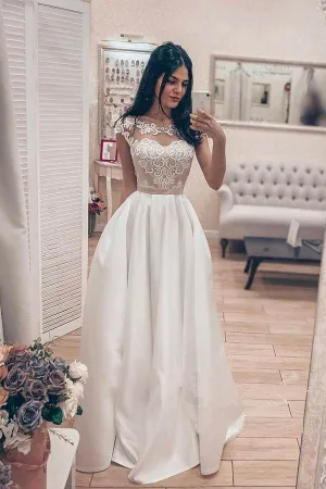 Roycebridal Vintage A-line Satin Lace Bodice Bateau Neck Corset Back Wedding Dresses, MW747
