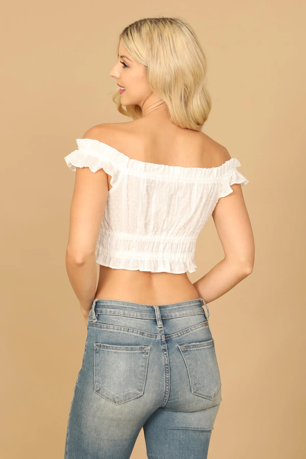 RUFFLE OFF-SHOULDER SWISS DOT CROP TOP