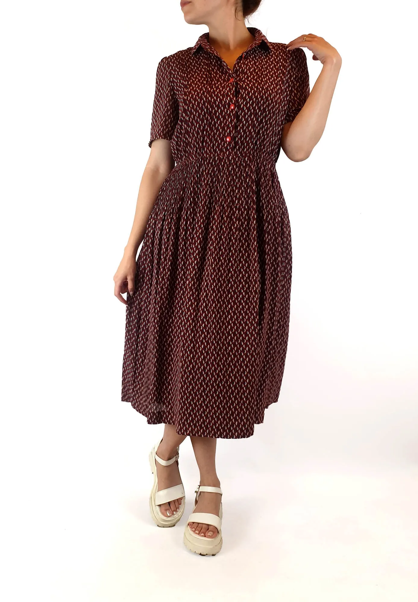 Sanyo red leaf print vintage style dress best fits size 10