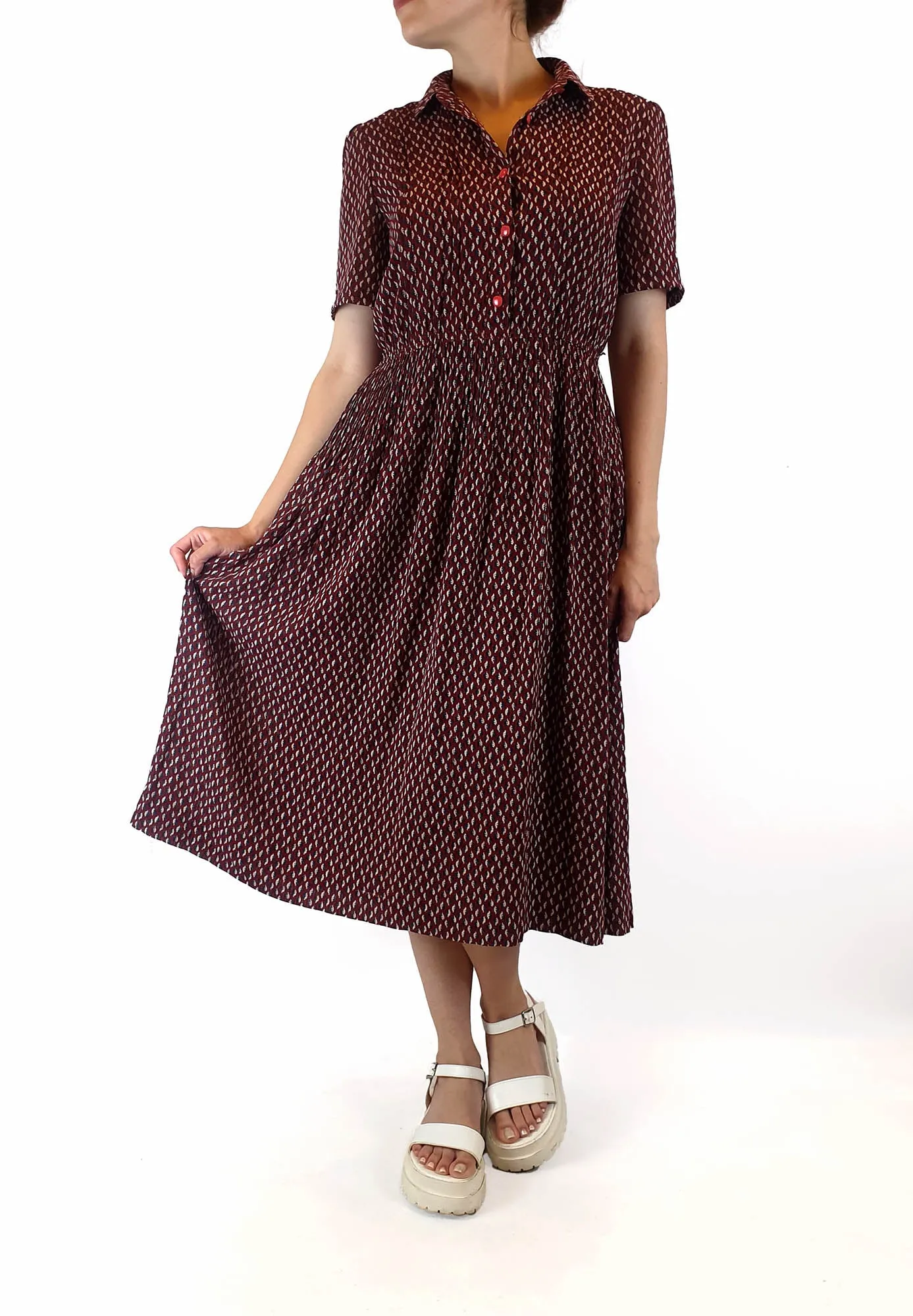 Sanyo red leaf print vintage style dress best fits size 10