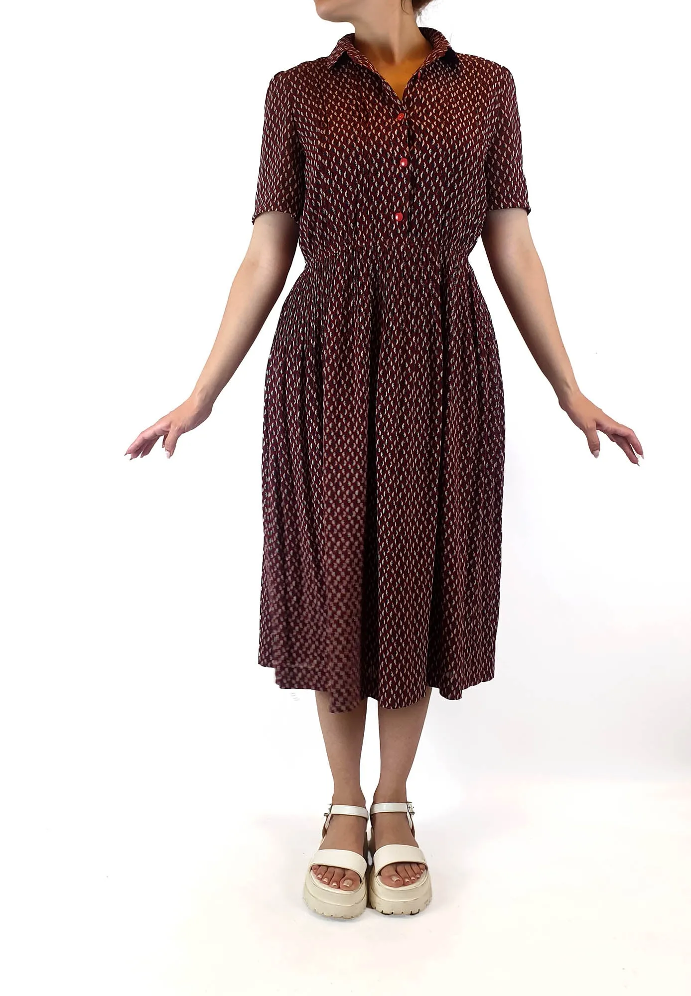 Sanyo red leaf print vintage style dress best fits size 10