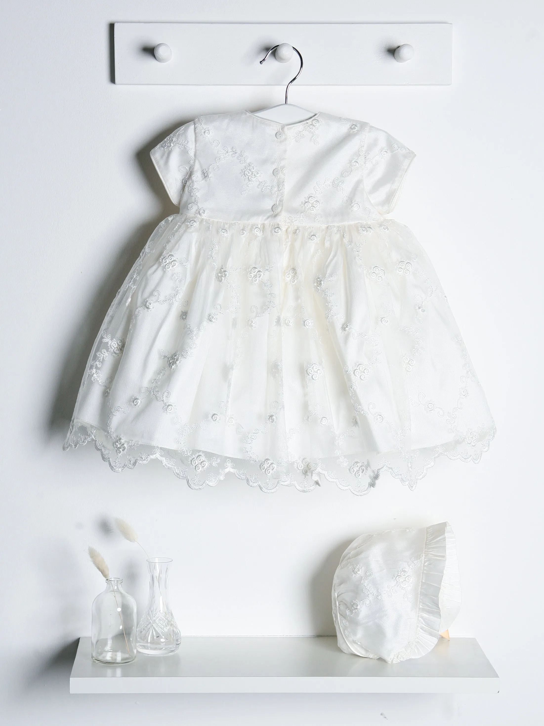 Sarah Louise Ivory Silk Floral Occasion Dress & Bonnet