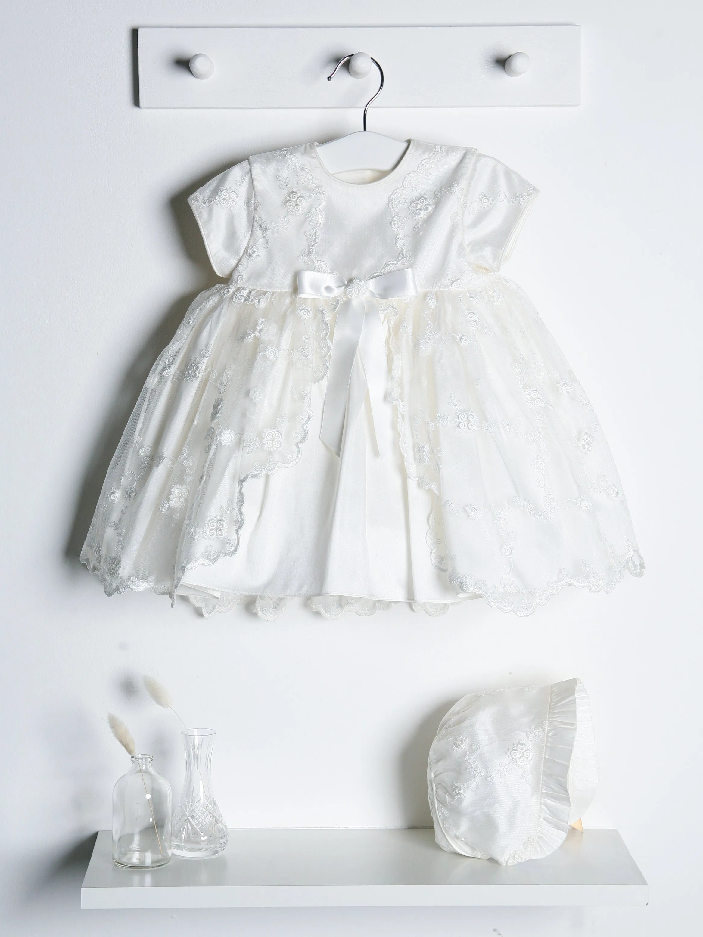 Sarah Louise Ivory Silk Floral Occasion Dress & Bonnet