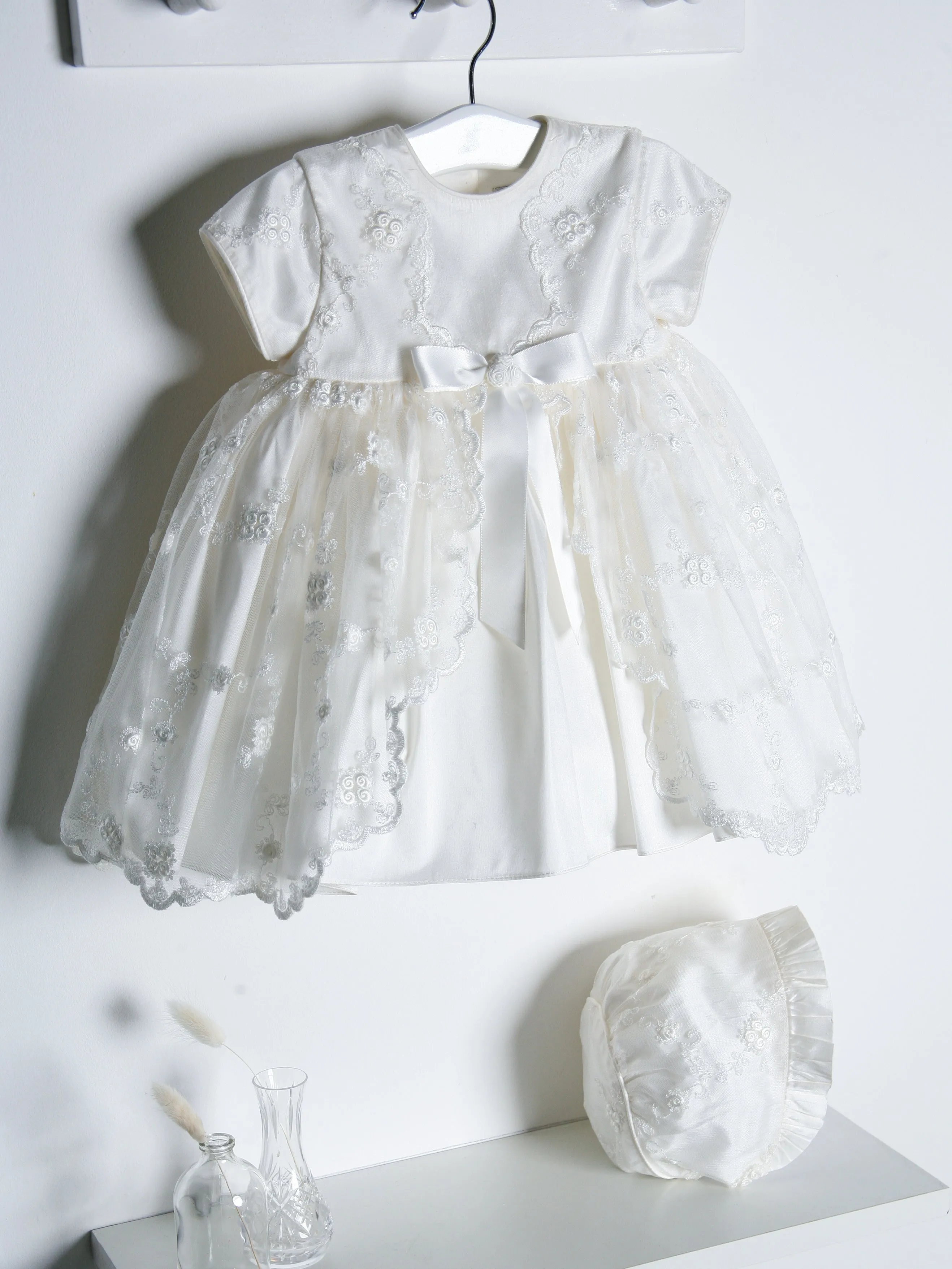 Sarah Louise Ivory Silk Floral Occasion Dress & Bonnet