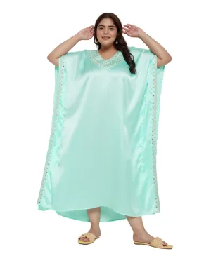 Satin Women Kaftan With Embroidery Lace Ice Green Plus Size Dress
