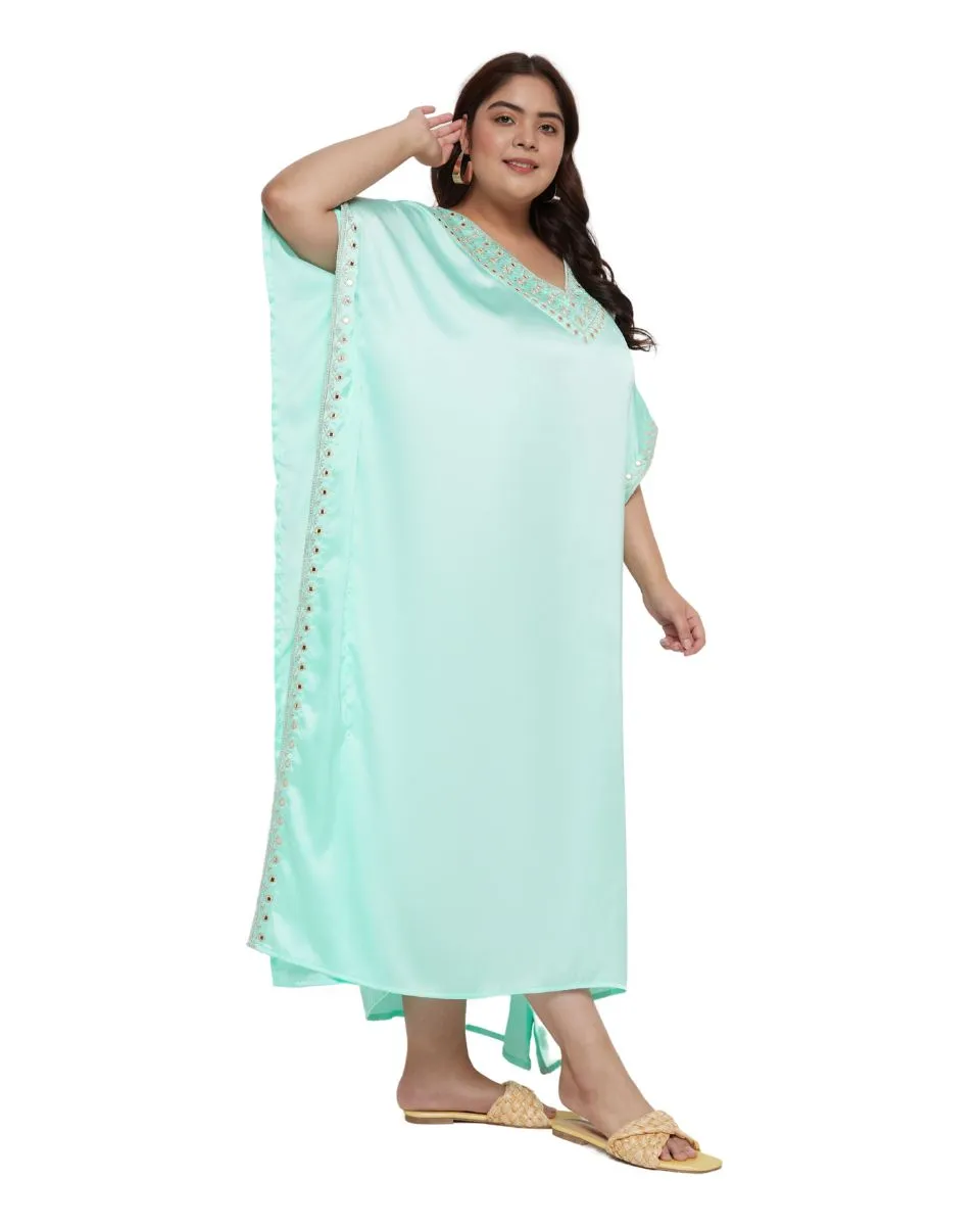 Satin Women Kaftan With Embroidery Lace Ice Green Plus Size Dress