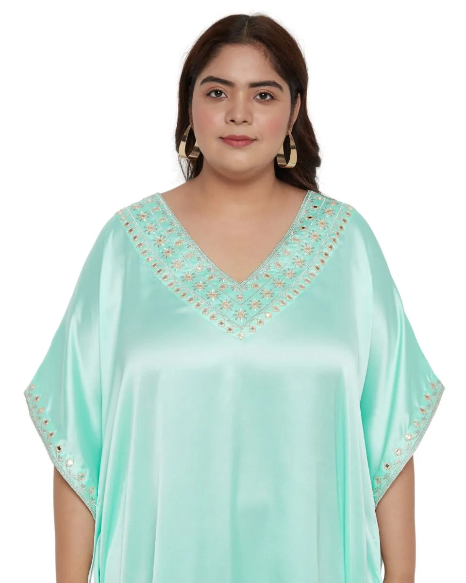 Satin Women Kaftan With Embroidery Lace Ice Green Plus Size Dress