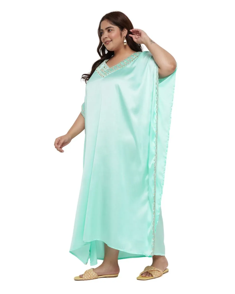 Satin Women Kaftan With Embroidery Lace Ice Green Plus Size Dress