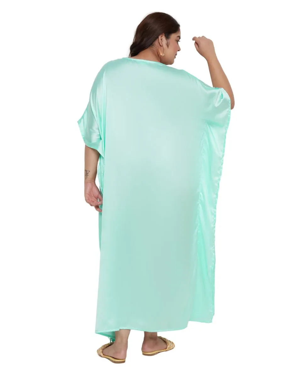 Satin Women Kaftan With Embroidery Lace Ice Green Plus Size Dress