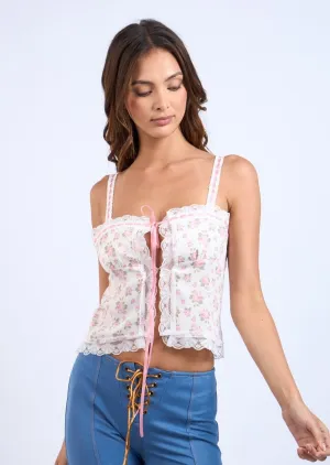 Scottie Pink Floral Lace Trim Tie Top