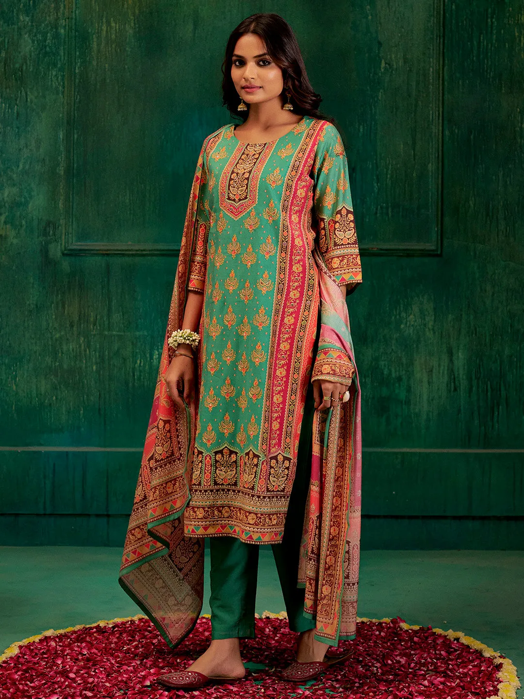 Sea Green Embellished Ethnic Printed Festive  Kurta Set With Dupatta
