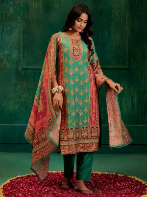 Sea Green Embellished Ethnic Printed Festive  Kurta Set With Dupatta